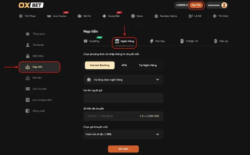 Hướng dẫn nạp tiền Oxbet qua tài khoản ngân hàng